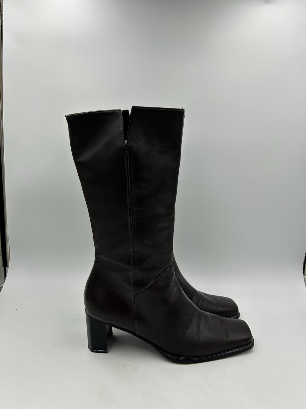 Vintage Stuart Weitzman Brown Leather Square Toe Calf High Heel Zip Boot Size 7M